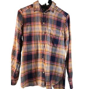 American Eagle Plaid Boyfriend Fit Button Down Shirt Orange Navy Small